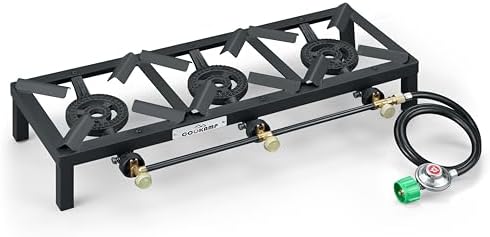 COOKAMP Propane Triple Burner Angle Iron Camp Stove with CSA Listed Regulator and 4ft Hose (SA3200)