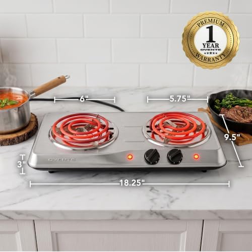 OVENTE Electric Double Burner, 1700W Coil Hot Plate, Silver BGC102S