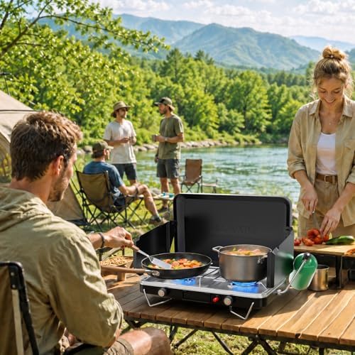 ROVSUN 20000 BTU Propane Camping Stove with Igniter, 2 Burner Portable Camp Stove with Adapter, Built-in Handle & Foldable Wind Panel for Outdoor Camping, Tailgating, Grilling
