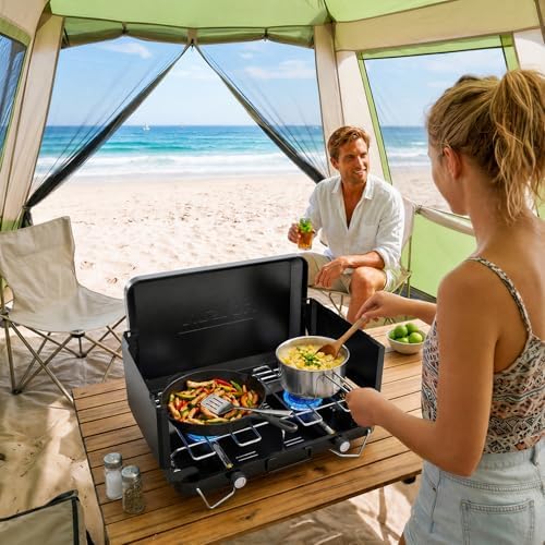 ROVSUN 2 Burner Portable Camping Stove with Adapter, 20000 BTU Tabletop Propane Camp Stove with Built-in Handle & Foldable Wind Panel for Outdoor Camping, Tailgating, Grilling