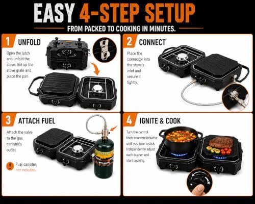 Camping Stove 2 Burner Propane with Griddle, Portable Foldable Camp Stove with Piezo Ignition, Adjustable Burners, Gas Hose & Carry Bag