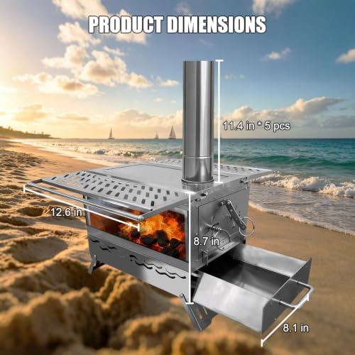 Camping Wood Burning Stove, Hot Tent Stove with Extra Baking Tray, Outdoor Stainless Steel Stove with 6 Chimney Pipes for Outdoor Camping, Cooking