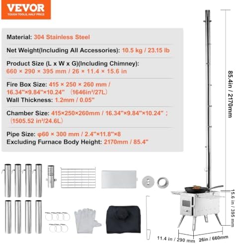 VEVOR Camping Wood Stove Stainless Steel Camping Tent Stove, Portable Wood Burning Stove with Chimney Pipes & Gloves, 1646in³Firebox Hot Tent Stove for Outdoor Cooking and Heating with 8 Pipes