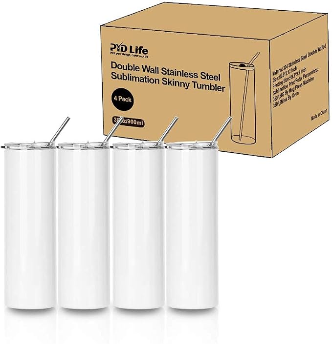 PYD Life Sublimation Blanks Tumbler Skinny 30 OZ Straight Stainless Steel Coffee Cups Mugs with Lid and Metal Straw for Tumbler Press Machine Heat Transfer 4 Pack