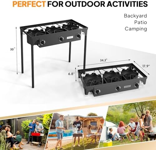 ROVSUN 3 Burner Propane Gas Stove, 225,000 BTU High Pressure Outdoor Camping Burner with CSA Listed Regulator, Picnic Cooker Perfect for Home Brewing Maple Syrup Patio Turkey Frying Canning