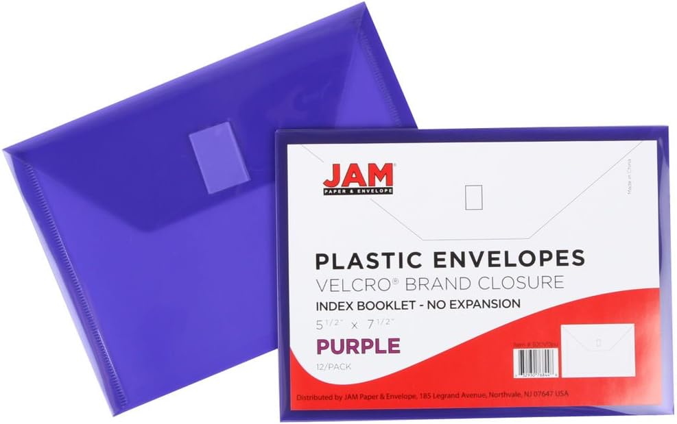 JAM PAPER Plastic Envelopes with Hook & Loop Closure - Index - 5 1/2 x 7 1/2 - Purple - 12/Pack