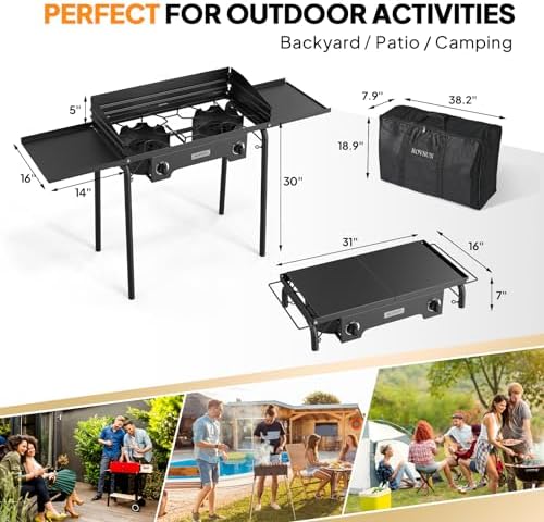 ROVSUN 2 Burner Outdoor Propane Gas Stove with Regulator, Windpanel, Bag & Side Shelves, 150,000 BTU Powerful Stand Cooker for Backyard Cooking Camping Home Brewing Canning Turkey Frying