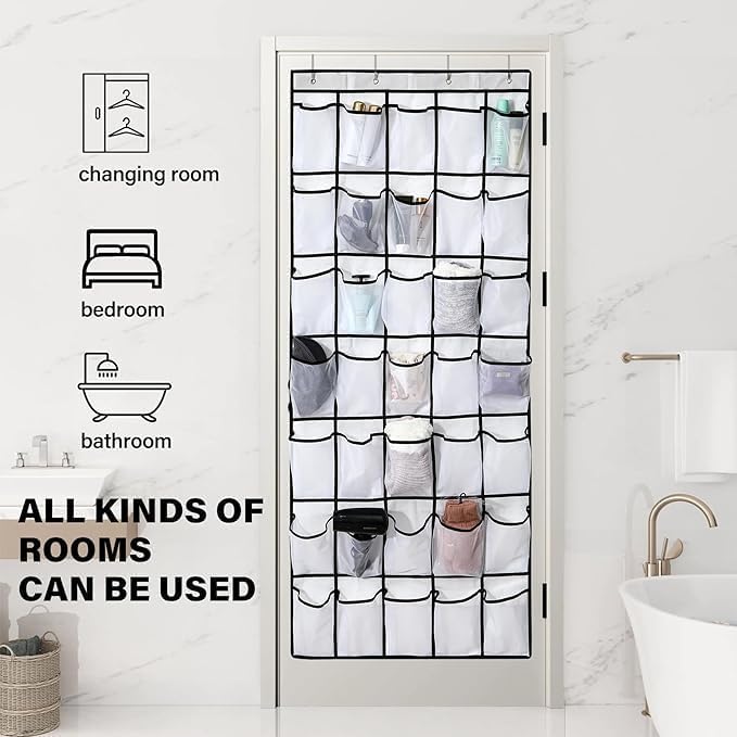 Over the Door Shoe Organizer, 24 Large Breathable Mesh Pockets, Hanging Storage