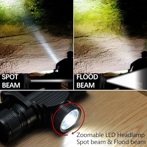 Headlamp Rechargeable, 1200 Lumen Zoomable LED Head Lamp for Adults, IP66 Waterproof Rechargeable Headlight with 9 Modes, Super Bright Head Flashlight with 2600 mAh for Outdoor Camping Hiking Running