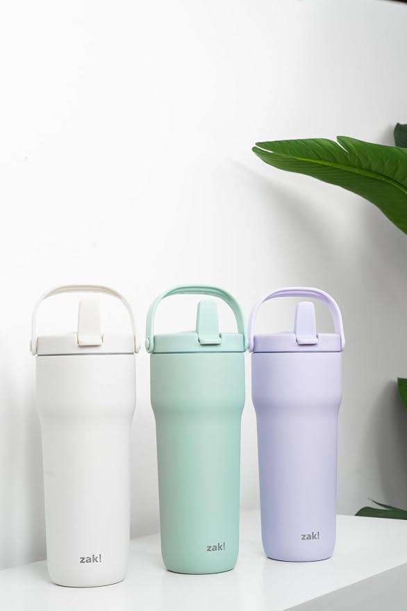 Zak Designs Sutton Travel Tumbler for On the Go, 30oz Stainless Steel with Vacuum Insulation, Straw Spout, Carry Handle for Cold Drinks (Icicle Mint Green)