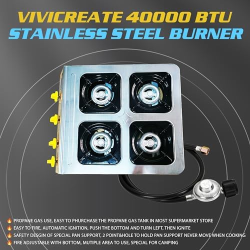 Vivicreate 4 Burner Propane Gas Stove 40000 BTU Stainless Steel Cooktop with Enamel Pan Support Electronic Ignition for Camping Outdoor Cooking BBQ Fogón de Estufa de Gas Portátil