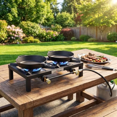 COOKAMP Propane Double Burner Angle Iron Camp Stove with CSA Listed Regulator and 4ft Hose (SA2200)
