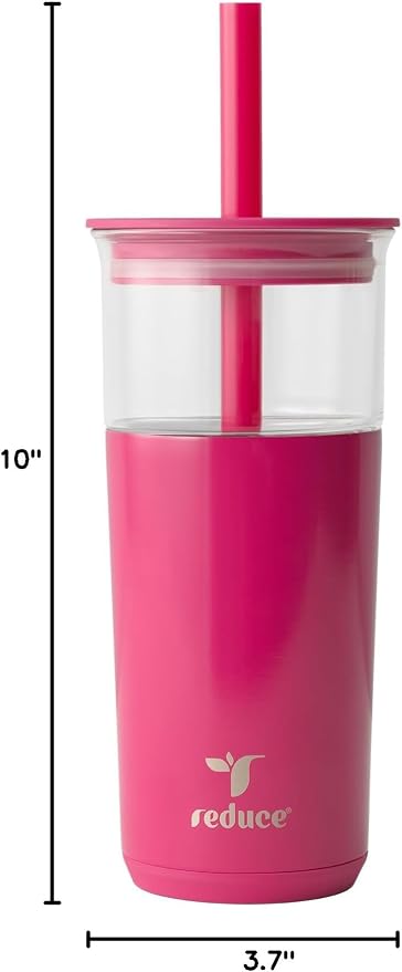 REDUCE Aspen 20 oz Vacuum Insulated Glass Tumbler with Lid & Extra Wide Straw - Keeps Drinks Cold for 12 Hrs - Ideal for Iced Coffee, Smoothies & Boba - Dishwasher Safe, Soft Base - Dragonfruit