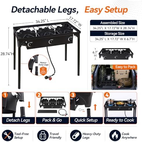 3 Burner Propane Stove, 225,000 BTU Outdoor Cooker