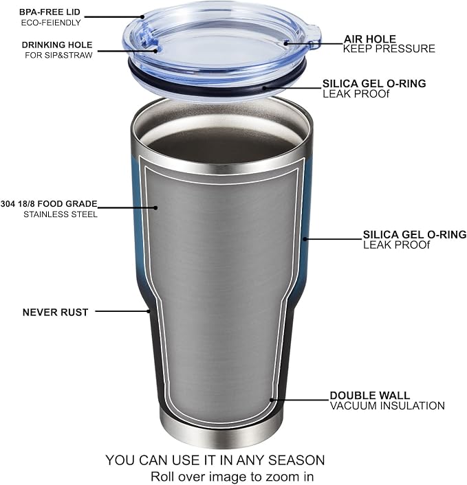 MEWAY 30oz Insulated Tumbler With Lids and Straws,Stainless Steel Double Vacuum Coffee Tumbler Cup, Brush, Durable Powder Coated Coffee Cup for Cold & Hot Drinks, Office, Travel(Blue Black,1 PACK)