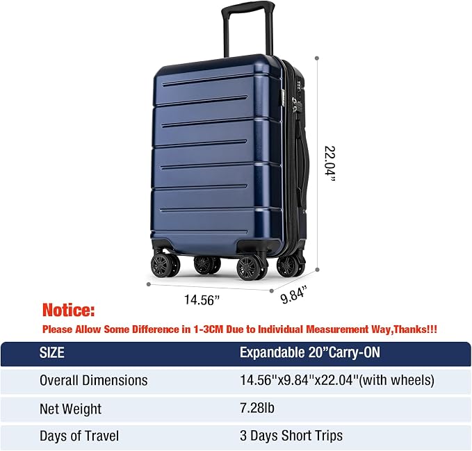 KYME Hardside Expandable Carry On Luggage 22x14x9 Airline Approved 20 Inch