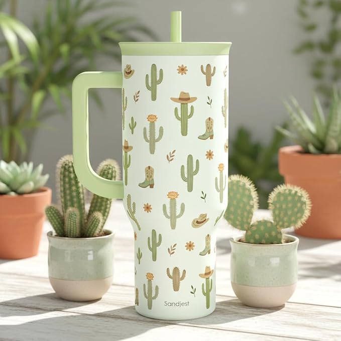 SANDJEST Cactus 40oz Tumbler with Handle and Straw, Insulated Stainless Steel Travel Coffee Mug for Women Girls, Gift Idea for Birthday Christmas Mothers Day