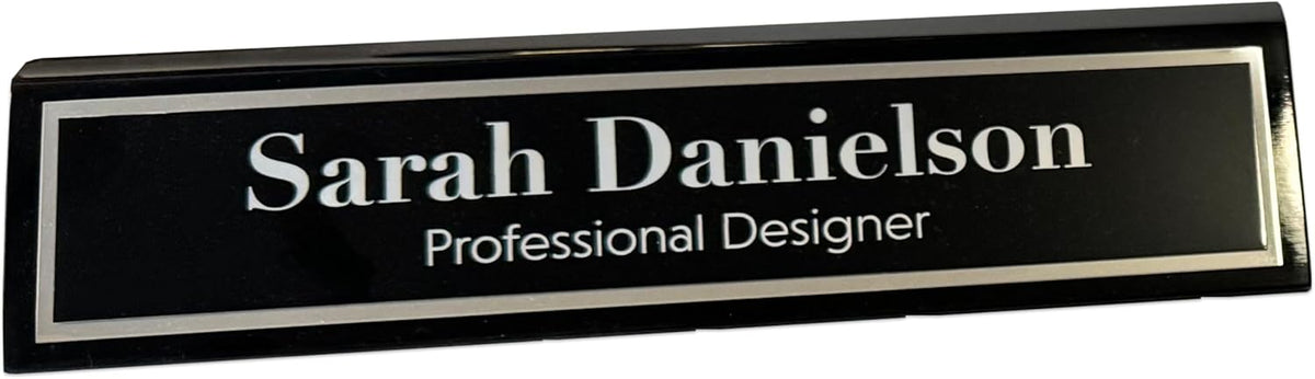 Custom Desk Wedge Name Plate - Personalized Titles and Styles (2x8 Inch, Black Piano Finish w/Name Plate)