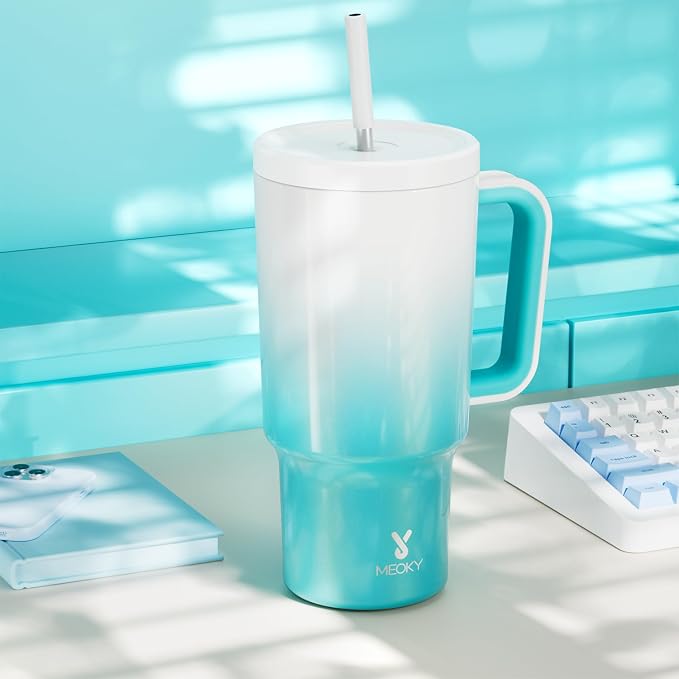 Meoky 30 oz Tumbler with Handle, Tumbler with Lid and Straw, Insulated Stainless Steel Travel Mug, 100% Leak-proof, Cupholder Friendly, Keeps Cold for 24 Hours or Hot for 8 Hours (Azure)