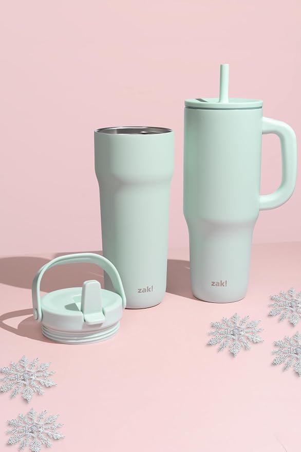 Zak Designs Sutton Travel Tumbler for On the Go, 40oz Stainless Steel with Vacuum Insulation, Silicone Straw, and Carry Handle for Cold Drinks (Icicle Mint Green)