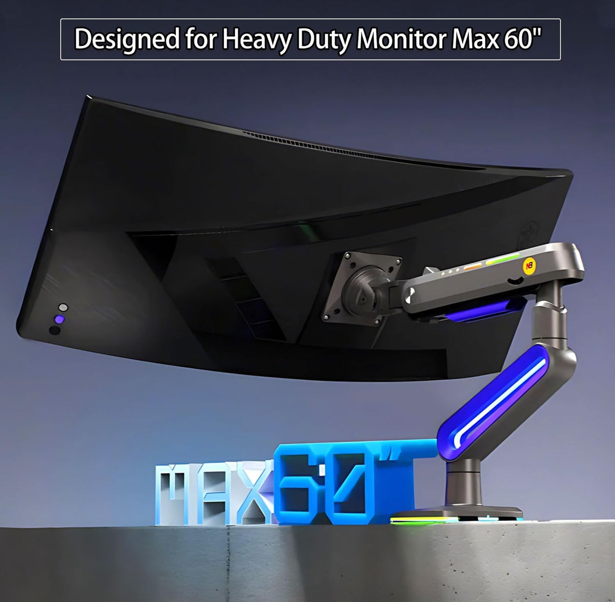 Designer Gaming Monitor Arm for 32 to 60 Inches Screen, Load up to 20 kg, VESA 75/100, RGB-Light, Heavy Duty, Multi Angle Adjustable, Premium Aluminum, Long Arm Extension Purple Blue