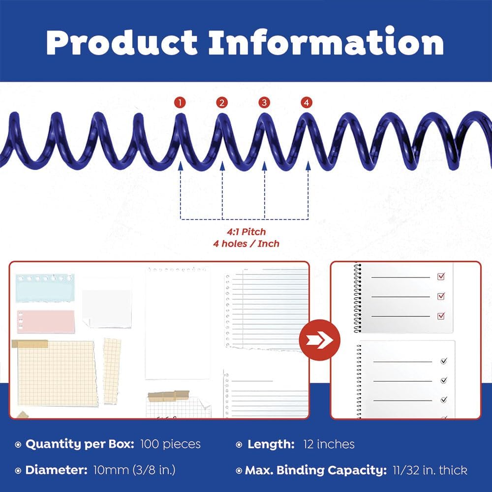 TruBind 6mm (1/4 in.) Spiral Binding Coils for Reports, Presentations and Proposals | 4:1 Pitch | 12 in. Length | Blue | 30 Sheets Binding Capacity | 100 Pack