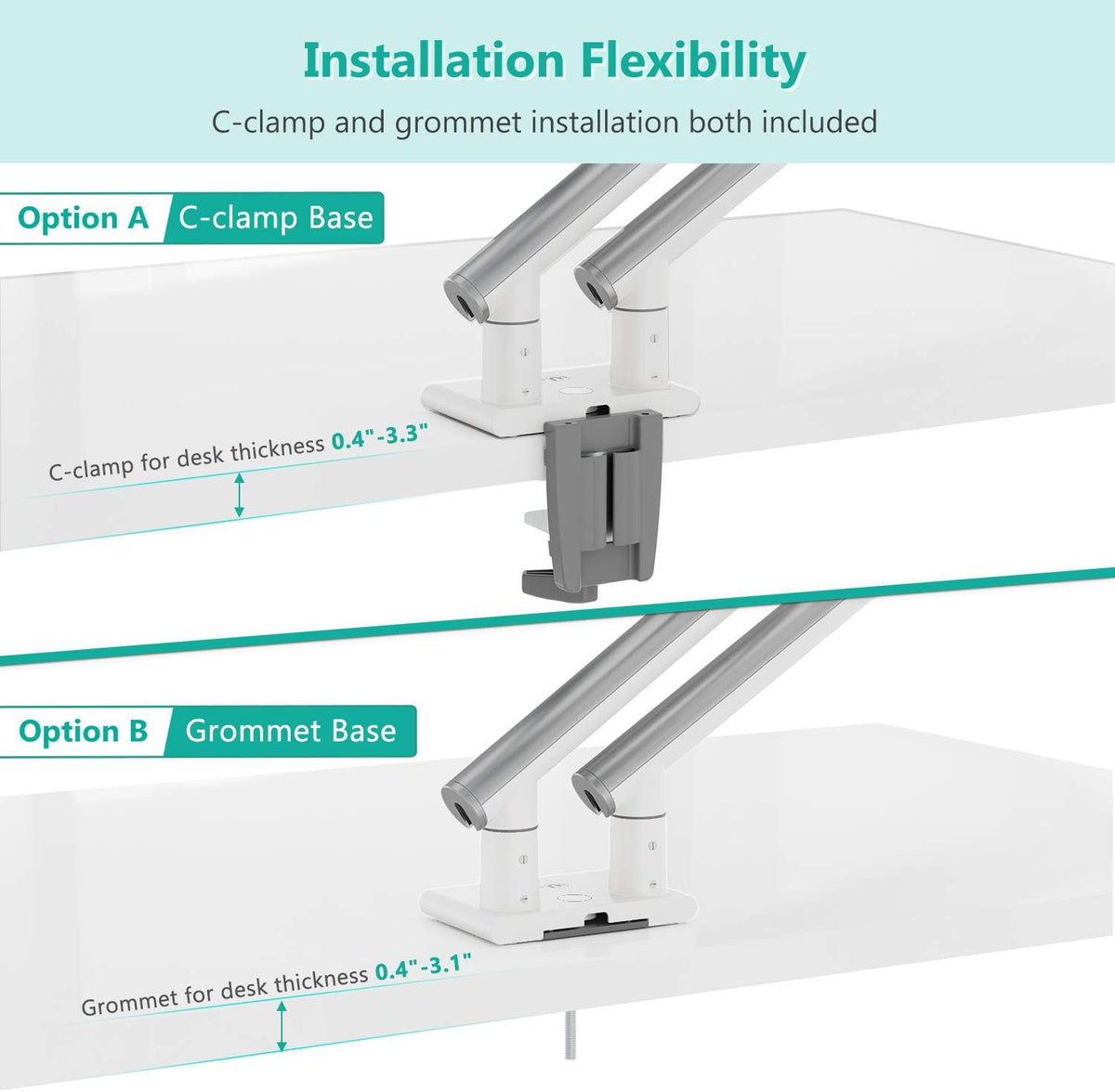 WALI Dual Monitor Stand White Monitor Arms for 2 Monitors, Mechanical Spring Tension Indicator Fully Adjustable Bracket, Up to 32 inch, 22lbs Weight Capacity (MATI002-W), White