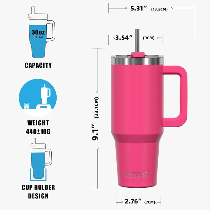 30 oz Tumbler with Handle,Tumbler with Lid and Straw,Double Wall Insulated Cup Stainless Steel Travel Mug(Cold for 34 Hours),Water Bottle for Iced Tea,Coffee,Cold Beverages(Gloss Pink)