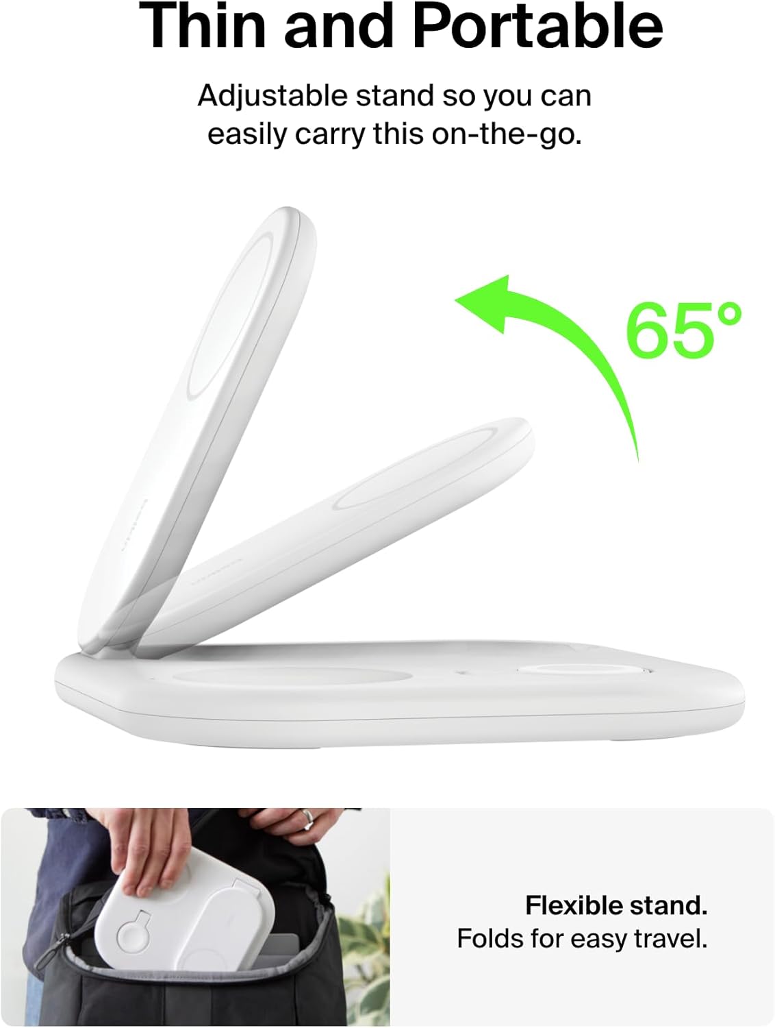 Belkin 3-in-1 MagSafe-Compatible iPhone Charger 15W, Foldable Magnetic Qi2-Certified Wireless Charging Station for iPhone 17, Apple Watch Series 10, AirPods 4, Pixel 10, w/Non-Slip Base & PSU - White