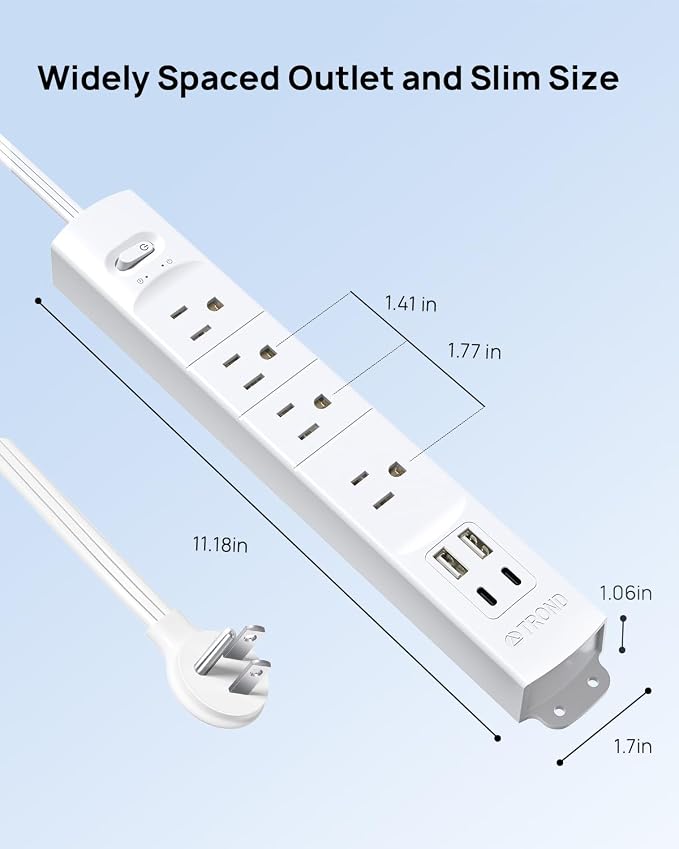 TROND Flat Plug Power Strip USB-10ft Flat Extension Cord Surge Protector Wall
