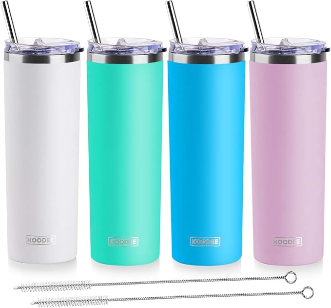 koodee 20 oz Tumbler with Lid and Straw -4 Pack Insulated Skinny Tumblers