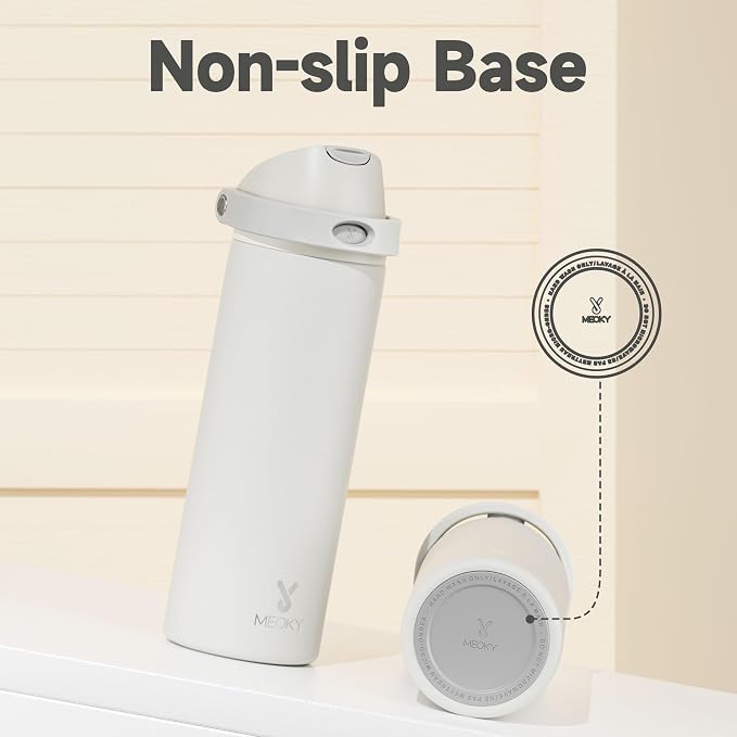 24 oz Insulated Water Bottle with Straw: Meoky Stainless Steel Metal Water Bottle with 2-in-1 Lid - Leak Proof, Cold for 24 Hours, Protective Silicone Base, BPA-Free for Sports Travel Car, Ivory
