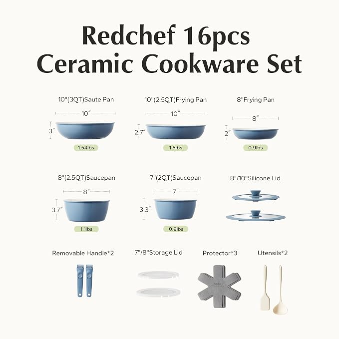 Redchef 16pcs Ceramic Nonstick Pots and Pans Set, Kitchen Cookware Set