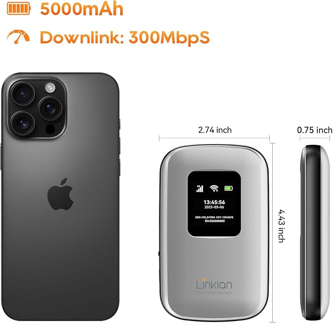 Portable Mobile Hotspot–eSIM Global WiFi Hotspot, No SIM Card/Contract Needed