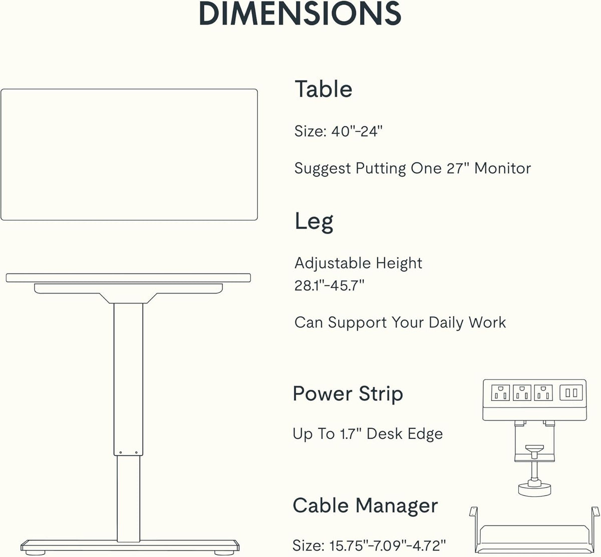 FLEXISPOT EN2 Whole-Piece Standing Desk with Clamp Power Strip, 40 x 24'' Electric Stand Up Height Adjustable Desk with Cable Management (Black Frame + 40" Black Top)