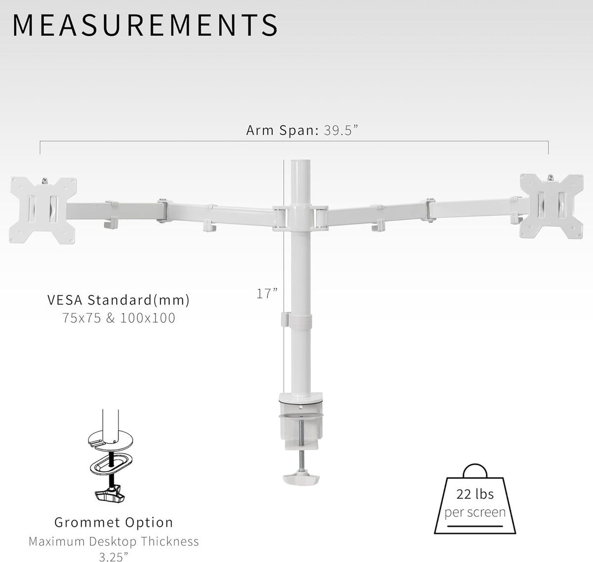 VIVO Dual Ultrawide Monitor Desk Mount, Heavy Duty Fully Adjustable Steel Stand, Holds 2 Computer Screens up to 38 inches and Max 22lbs Each, White, STAND-V038W