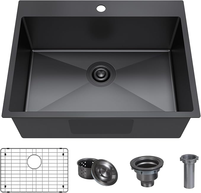 25x22 Inch Black Drop In Kitchen Sink, 25 Inch Gunmetal Black Kitchen Sink Top