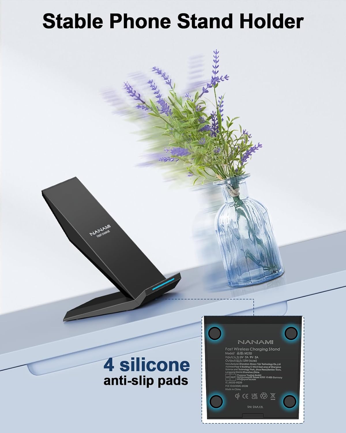 Fast Wireless Charger, NANAMI 15W Qi Certified Wireless Charging Stand Compatible iPhone 17/17 Air/16/15/15 Pro/15 Plus/15 Pro Max/14/13/12, for Samsung Galaxy S25/S24/S23/S22/S21 and Qi-Enabled Phone