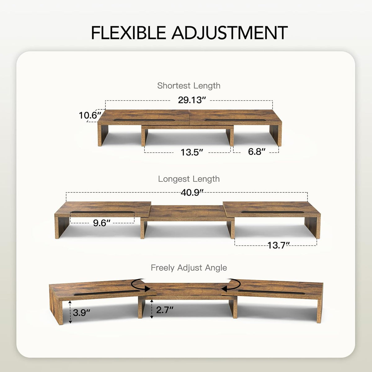 AMERIERGO Dual Monitor Stand Riser- 3 Shelf Screen Stand with Adjustable Length and Angle, 2 Extra Functional Slot Desktop Organizer Stand for PC, Computer, Laptop (Rustic Brown)