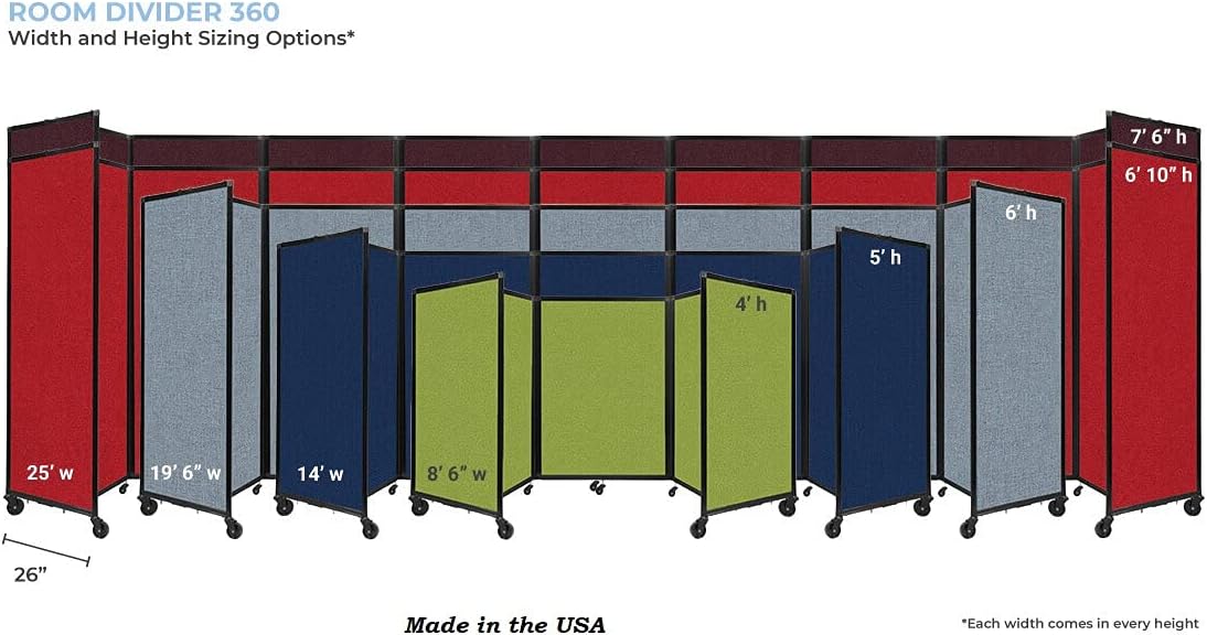 Versare Room Divider 360 Portable Wall Partition | Folding Panels | Large Freestanding Divider | Locking Wheels | Temporary Room Separator | 25' x 7'6'', Black