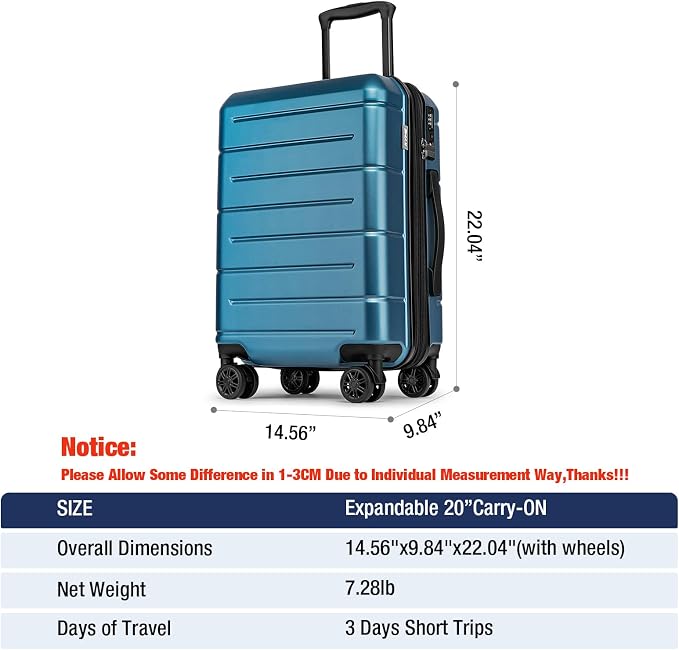 KYME Hardside Expandable Carry On Luggage 22x14x9 Airline Approved 20 Inch