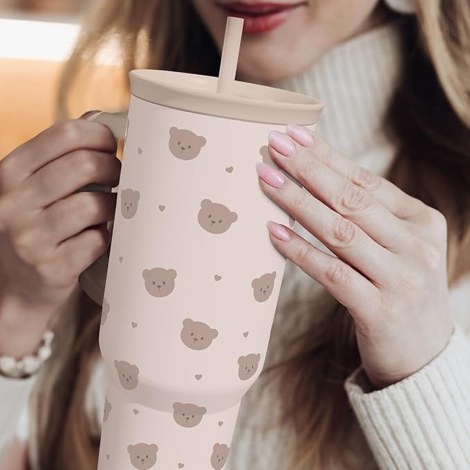 SANDJEST Bear Tumbler with Handle, Insulated Cup Stainless Steel Travel Mug Cup, Gifts for Women Girl, 40oz