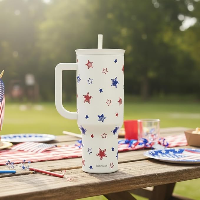 SANDJEST American Flag 40oz Tumbler with Handle and Straw, Insulated Stainless Steel Travel Coffee Mug for Women Girls, Gift Idea for Birthday Christmas 4th of July (Star)