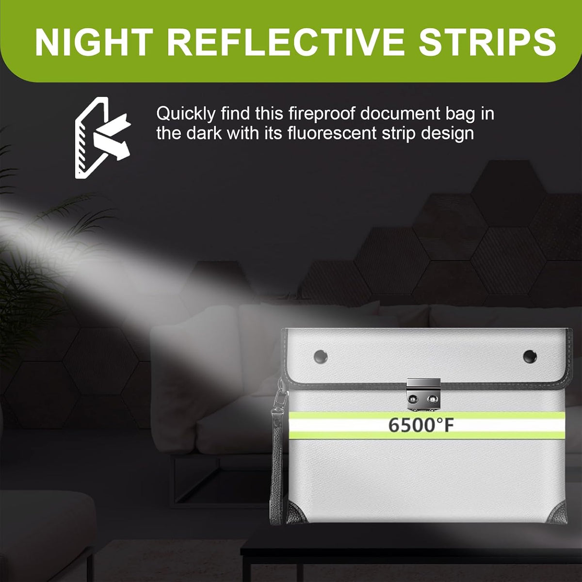 6500°F Fireproof Document Bag with Lock,Upgraded Fireproof/Waterproof Money Bag with Zipper/Reflective Strip,Storage Pouch for A4 Letter Size Document,Cash,Cell Phone,Passport(Not Fit A4 Files)