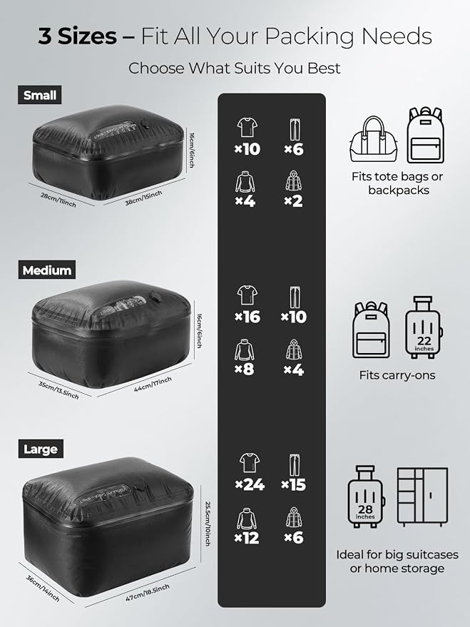 Vacuum Bags for Travel, 180° Open Zipper, IP67 Waterproof, Reusable Space Saver