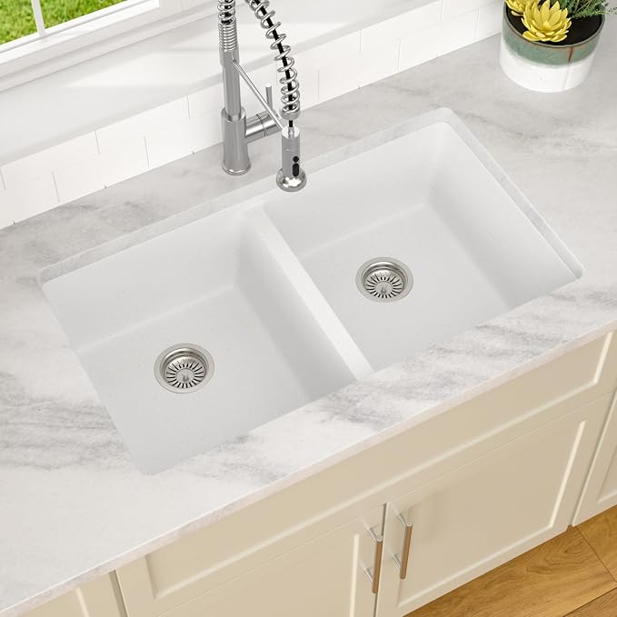 Dcolora 33 Inch Double Bowl Undermount Kitchen Sink White Deep Double Basin