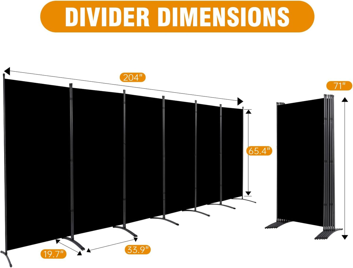 6 Panel Folding Privacy Screens, 6 FT Tall Wall Divider with Metal Frame, Freestanding Room Divider for Office Bedroom Study (6 Panel, Black)