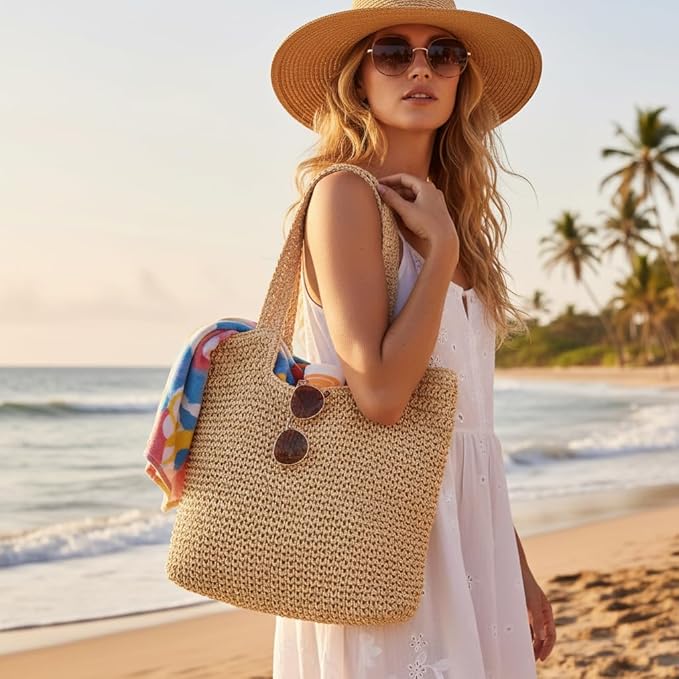 Straw Beach Tote Bag: Large Summer Boho Woven Bags