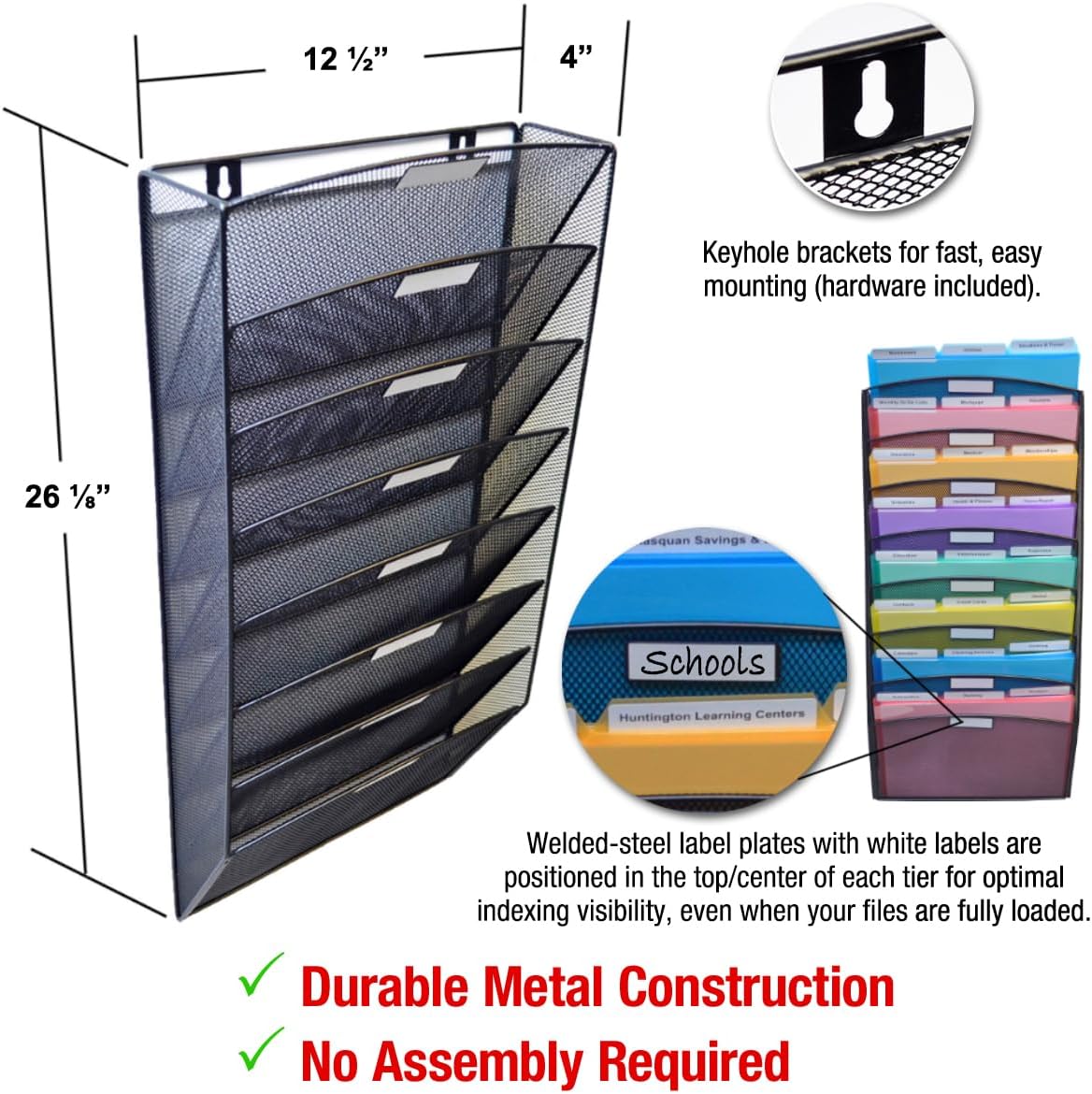Ultimate Office Mesh Wall File Organizer, 8 Tier Vertical Mount Hanging File Sorter. Multipurpose Display Rack Includes 18, 3rd Cut PocketFile Clear Document Folder Project Pockets (Black)
