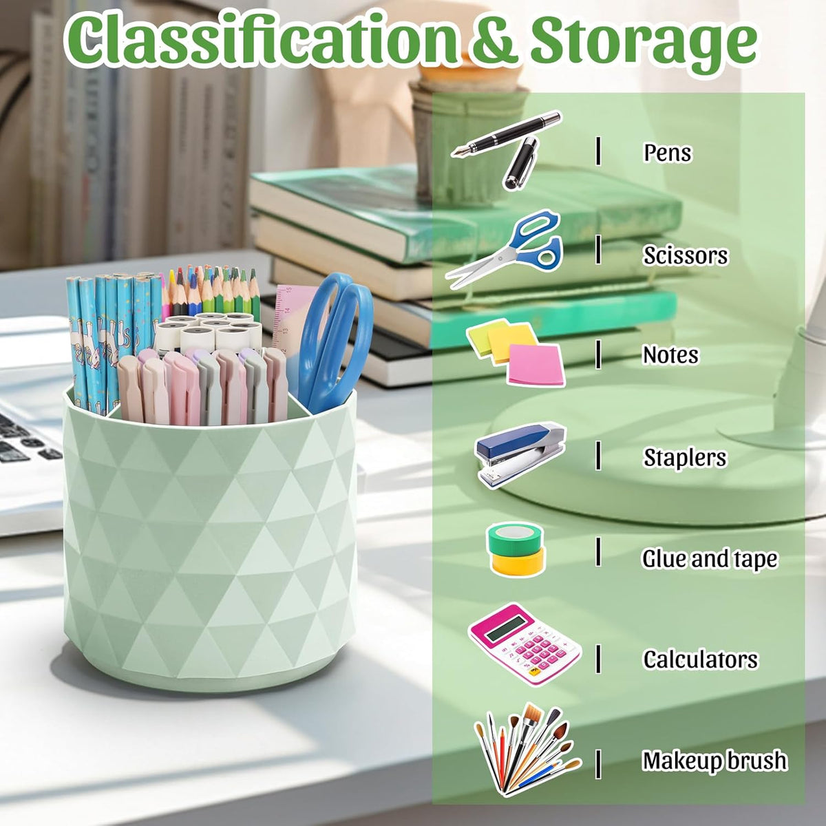 Desk Organizer,Sparkling Diamond-like Pen Holder for Desk 360°Rotating Office Accessories,Pencil Cup with 5 Compartments Storage Box Caddy for Office,School,Home,Art Supply(Green)